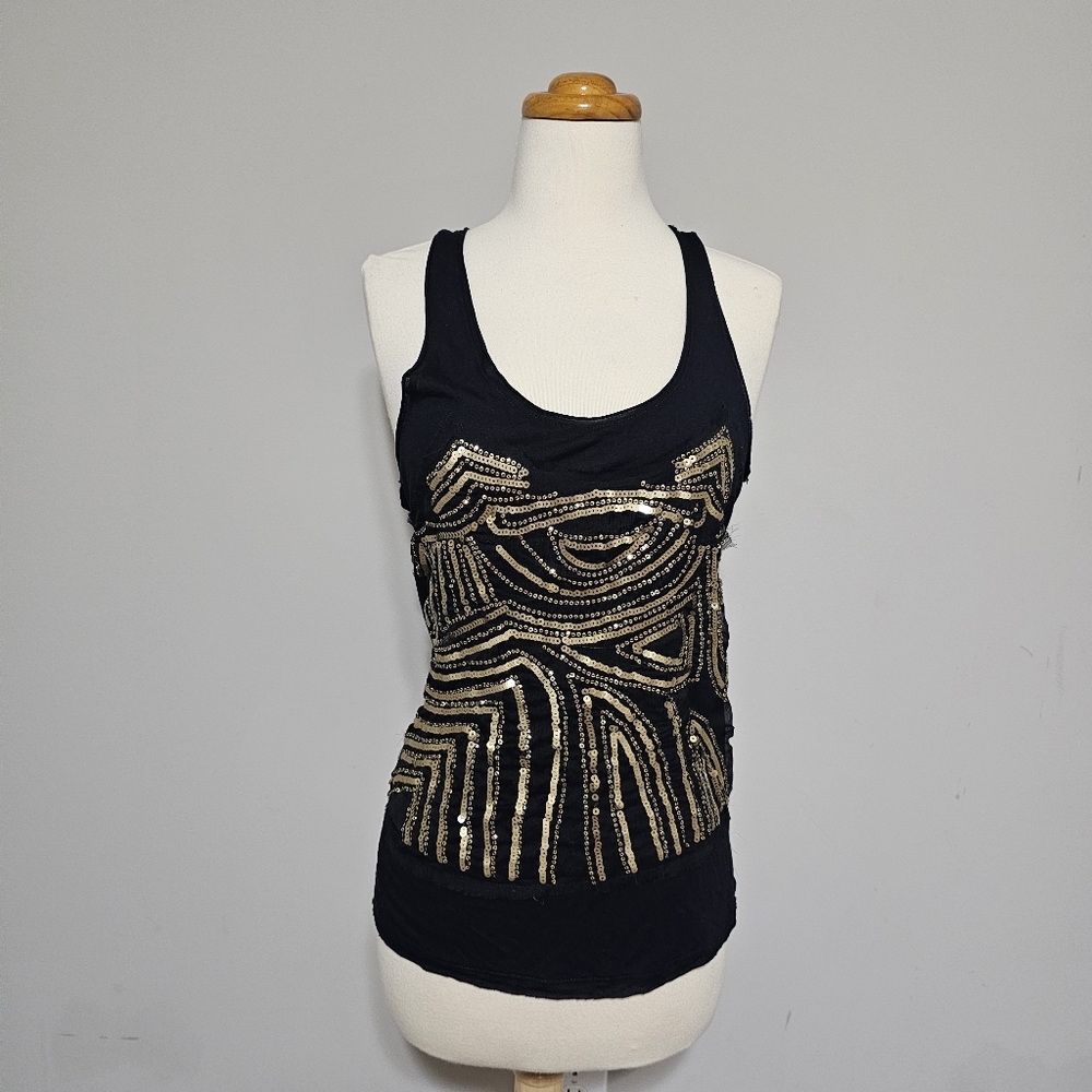 Fun & Flirt Black Gold Sequin Tank Top Small Art Deco Racerback Festival Y2K